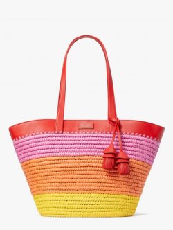 Kate Spade | Pink Multi The Pier Striped Straw Medium Tote