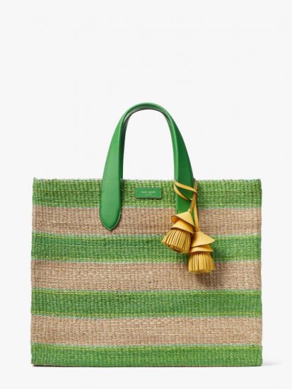 Kate Spade | Summit Green Multi Manhattan Striped Straw Large Tote - Click Image to Close